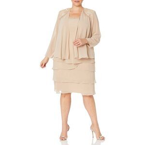 S.L. Fashions Women's Plus Size Two Piece Embellished Jacket Dress Winter Ivory
